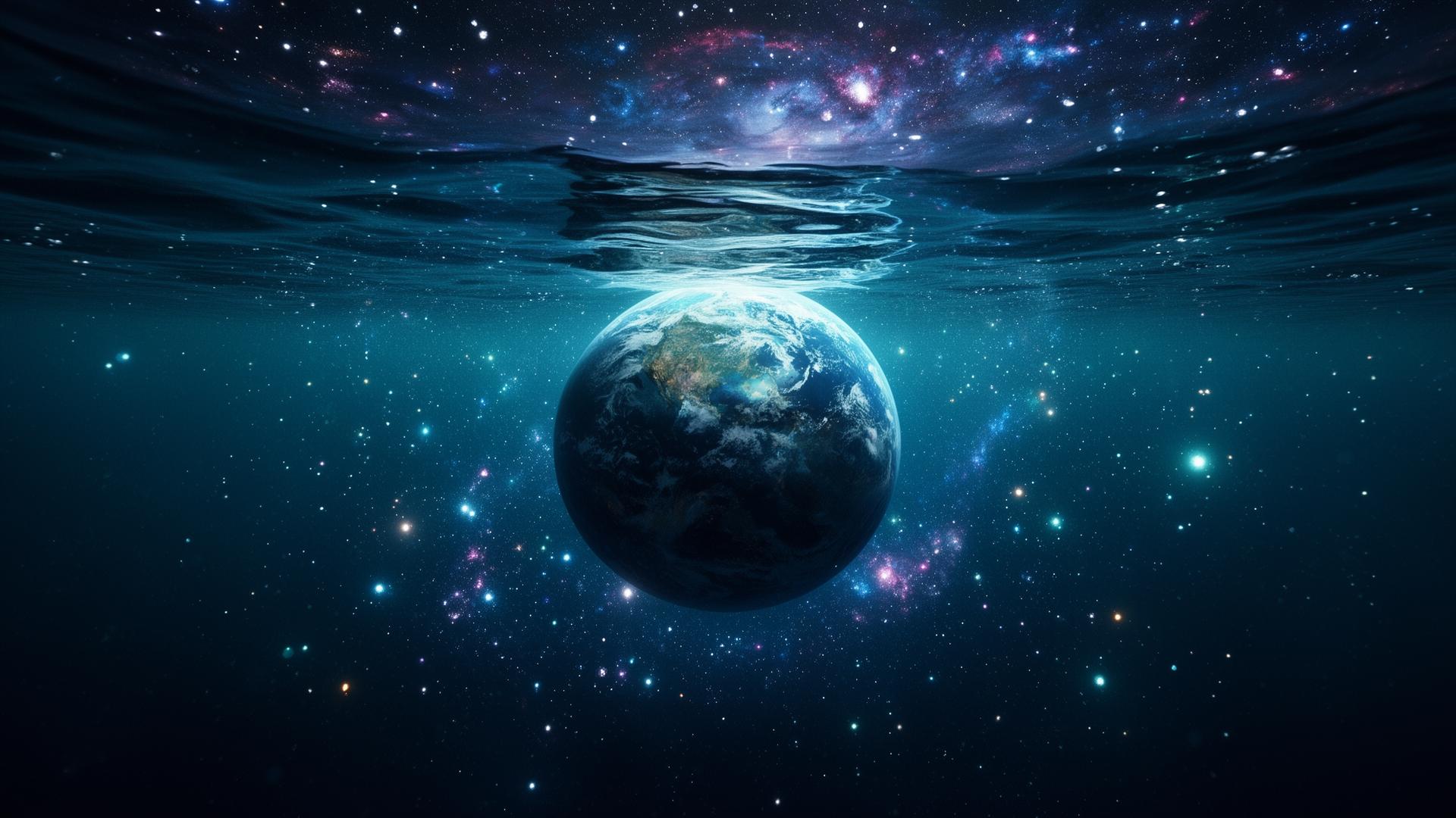 Encontro entre oceano e galáxia, planeta Terra ao fundo