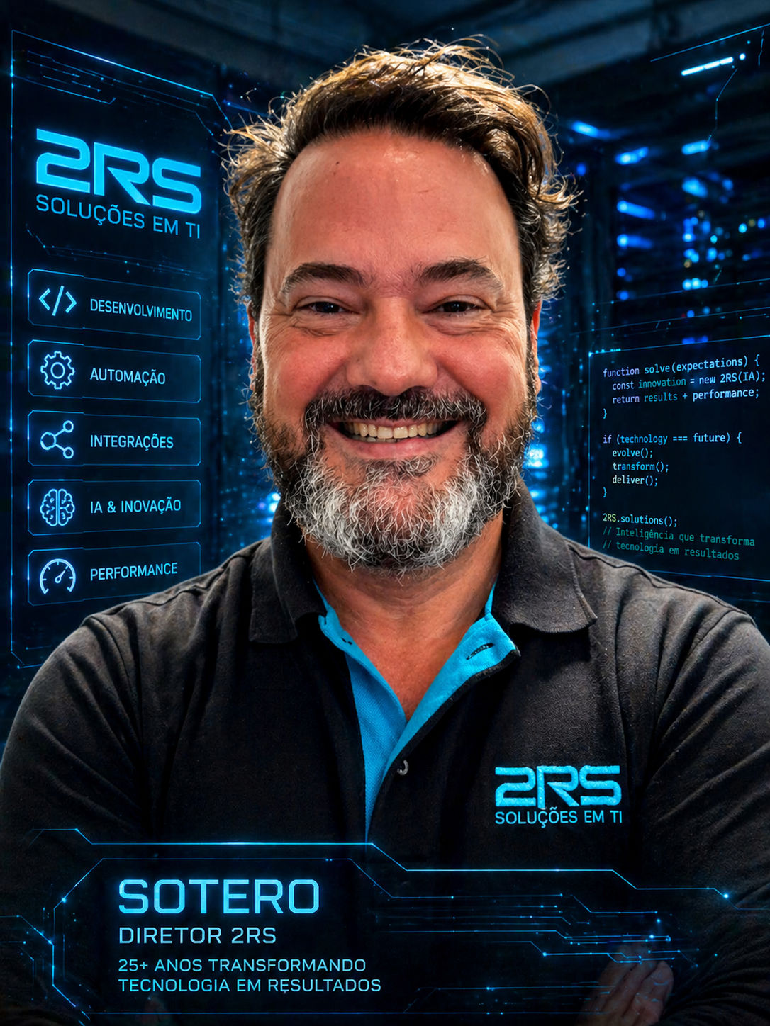 Sotero, Chief AI Innovation Officer da 2RS, com interface tecnológica ao redor