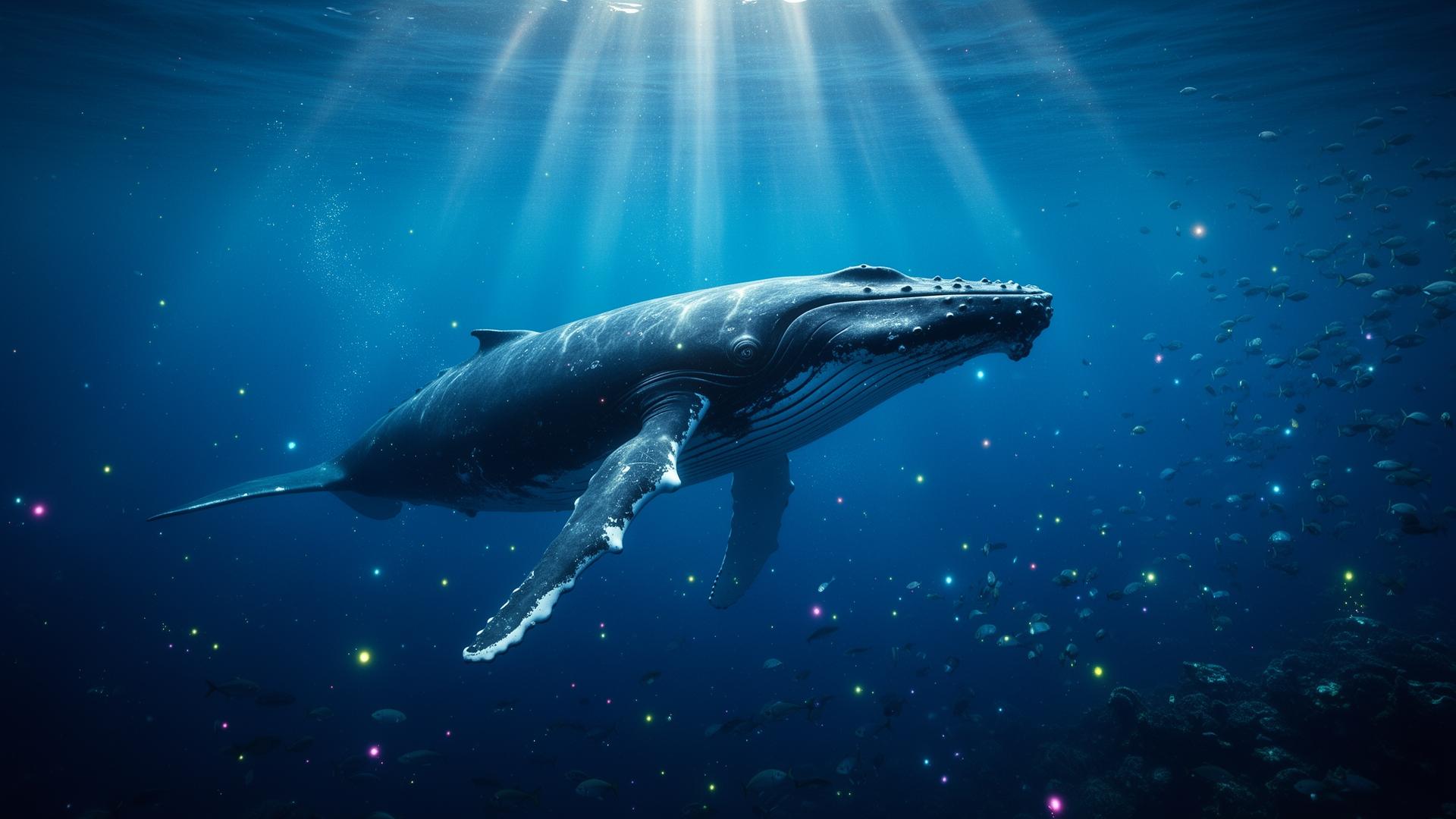 Baleia gigante nadando em águas profundas com raios de luz solar